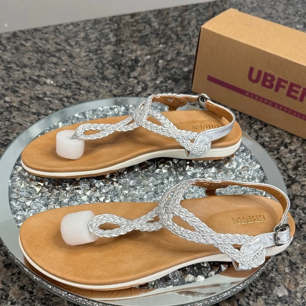 UBFEN metallic silver and Tan Braided Sandals NEW 10